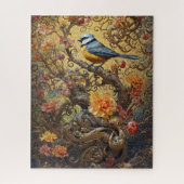 Blauer und gelber Vogel auf blumengoldenen Reben Puzzle (Vertikal)