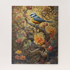 Blauer und gelber Vogel auf blumengoldenen Reben Puzzle