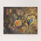 Blauer und gelber Vogel auf blumengoldenen Reben Puzzle (Horizontal)