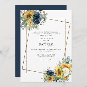 Blauer und gelber Wasserfarbenfroher Hochzeitselte Einladung