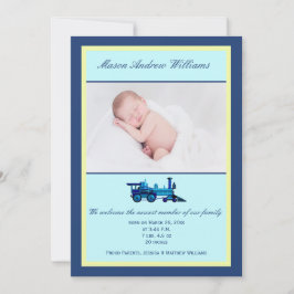 Blauer und gelber Zug Themengeburt Foto Ankündigung