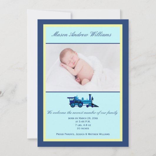 Blauer und gelber Zug Themengeburt Foto Ankündigung (Vorderseite)