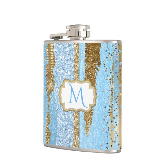 Blauer und Gold Extravaganter Mit Monogramm Kolben Flachmann (Links)