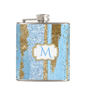 Blauer und Gold Extravaganter Mit Monogramm Kolben Flachmann