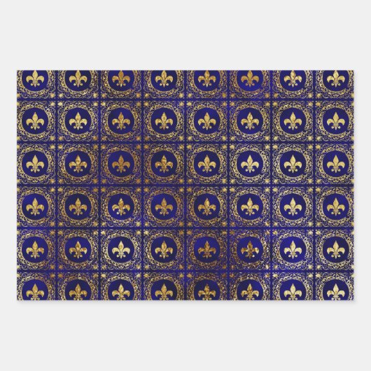 Blauer und Gold Fleur-de-lis Geschenkpapier Set (Vorderseite 3)