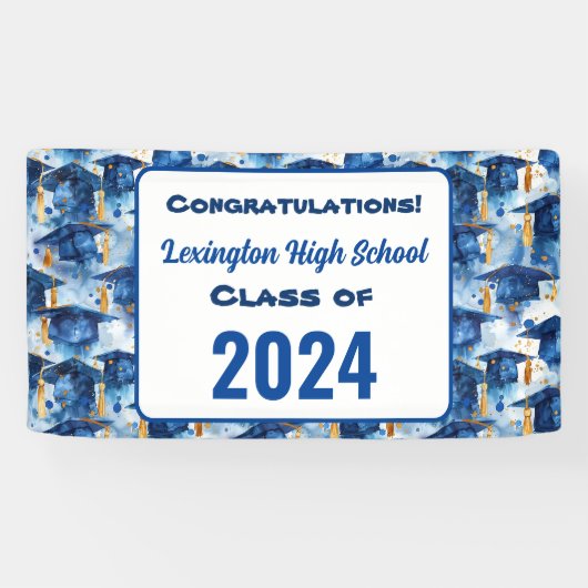 Blauer und Gold Graduation Cap Custom Party Banner (Horizontal)