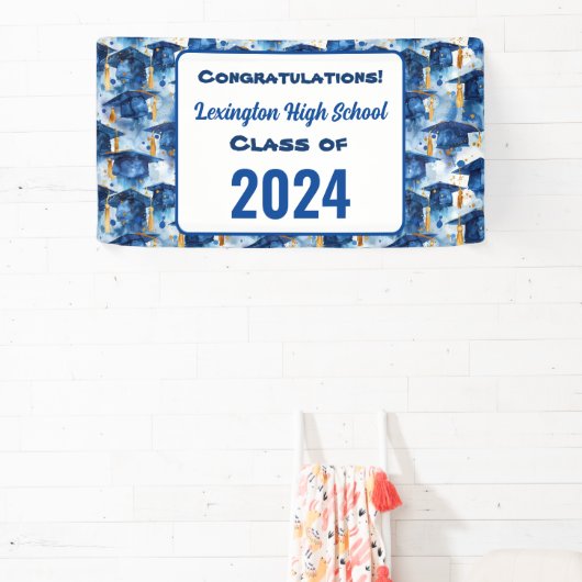 Blauer und Gold Graduation Cap Custom Party Banner (InSitu)