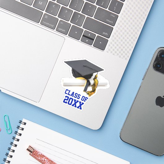Blauer und Gold-Graduation Cap & Tassel-Klasse Aufkleber (Laptop mit iPhone)