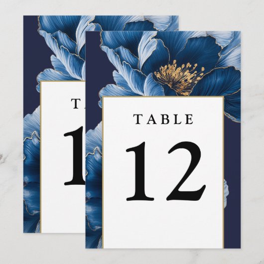 Blauer und goldene Blumen Moderne Tischnummern (Vorne/Hinten)
