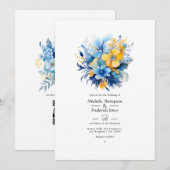 Blauer und goldene Blumenhochzeit Einladung (Vorne/Hinten)