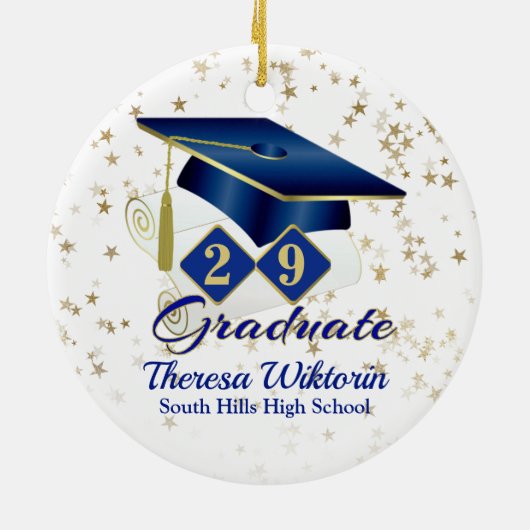 Blauer und goldene Graduate Keramik Ornament (Hinten)