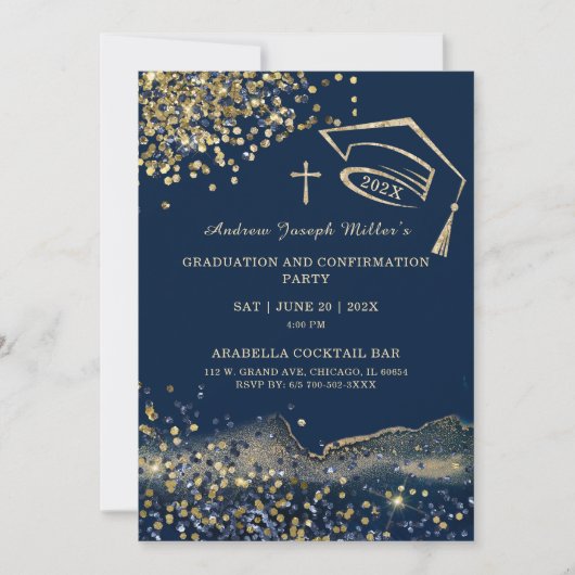 Blauer und goldener Abschluss und Bestätigungsvorl Einladung (Vorderseite)