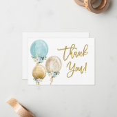Blauer und goldener Ballon Babydusche Danke Mitteilungskarte (Vorderseite/Rückseite Beispiel)