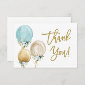 Blauer und goldener Ballon Babydusche Danke Mitteilungskarte (Vorne/Hinten)