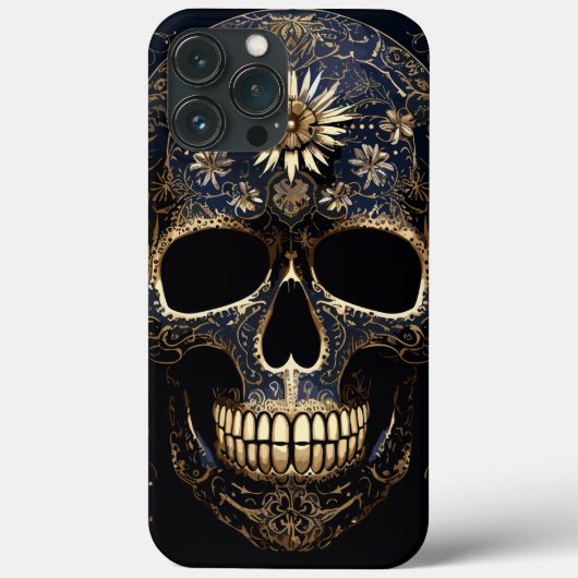 Blauer und goldener Blume Skull Case-Mate iPhone Hülle (Rückseite)