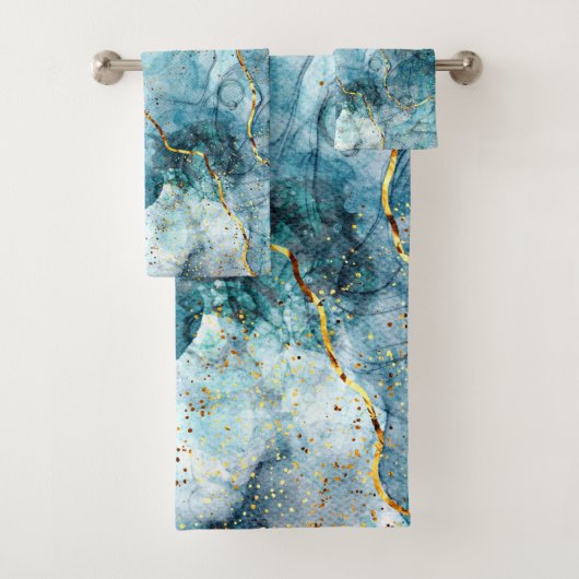 Blauer und goldener glänzender Marmor Badhandtuch Set (Insitu)