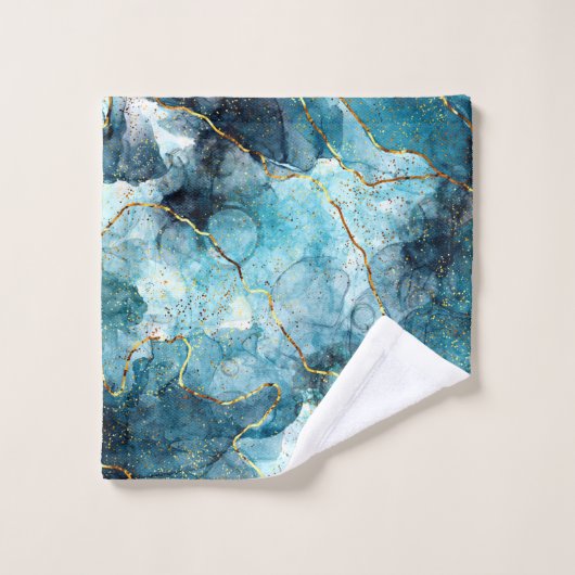 Blauer und goldener glänzender Marmor Badhandtuch Set (Waschlappen)