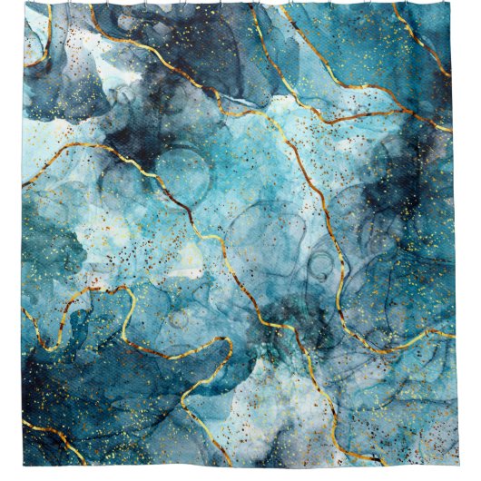 Blauer und goldener glänzender Marmor Duschvorhang (Vorderseite)