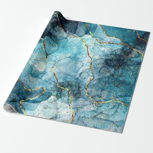 Blauer und goldener glänzender Marmor Geschenkpapier (Ungerollt)
