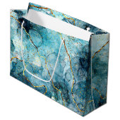 Blauer und goldener glänzender Marmor Große Geschenktüte (Vorderseite Schrägansicht)