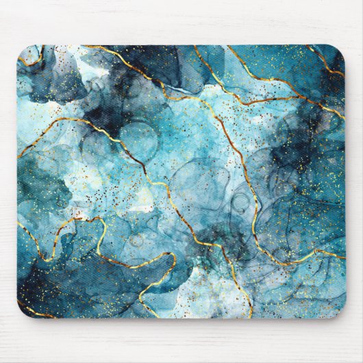 Blauer und goldener glänzender Marmor Mousepad (Vorne)
