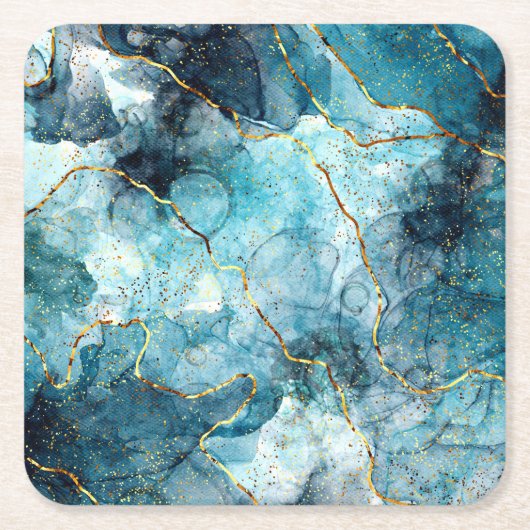 Blauer und goldener glänzender Marmor Rechteckiger Pappuntersetzer (Vorderseite)