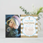 Blauer und goldener Glitzer Taufe Einladung (Stehend Vorderseite)