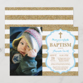 Blauer und goldener Glitzer Taufe Einladung (Vorne/Hinten)