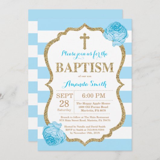 Blauer und goldener Glitzer Taufe Einladung (Vorne/Hinten)