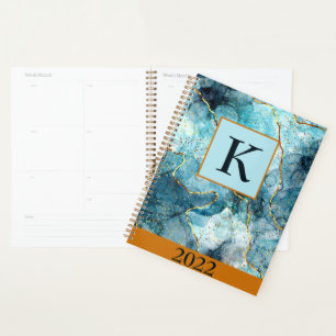 Blauer und goldener glitzernder Marmor-Monogramm, Planer