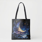 Blauer und goldener Halbmond und Wolken Halloween Tasche (Vorderseite)