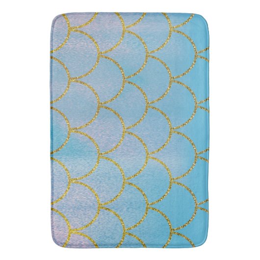 Blauer und goldener Iridescent Shimmer Meerjungfra Badematte (Vorderseite Vertikal)