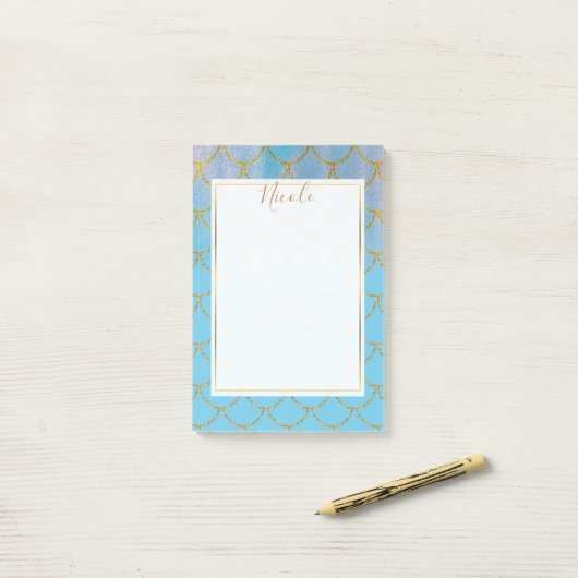 Blauer und goldener Iridescent Shimmer Meerjungfra Post-it Klebezettel (Auf Schreibtisch)