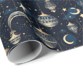 Blauer und goldener Mond und Laternen Geschenkpapier (Rolleneckpunkt)