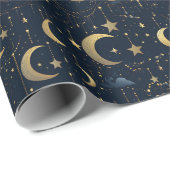 Blauer und goldener Mond und Sterne Geschenkpapier (Rolleneckpunkt)