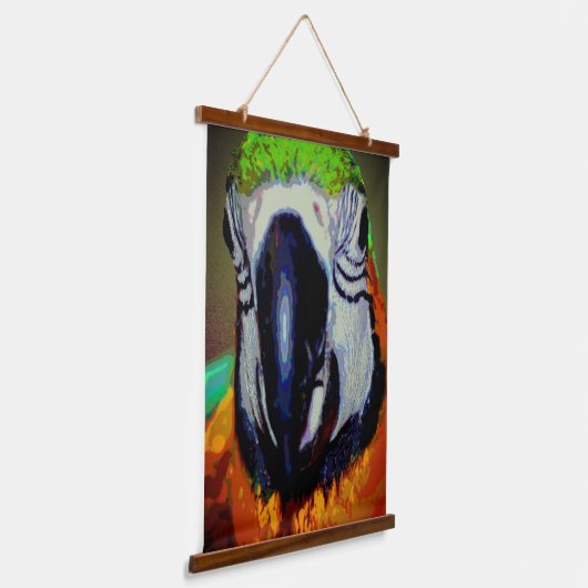 Blauer und goldener Papagei mit Abstrakter Kunst Wandteppich Mit Holzrahmen (Gewinkelt)