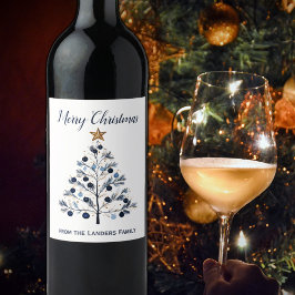 Blauer und goldener Personalisierter Weihnachtsbau Weinetikett