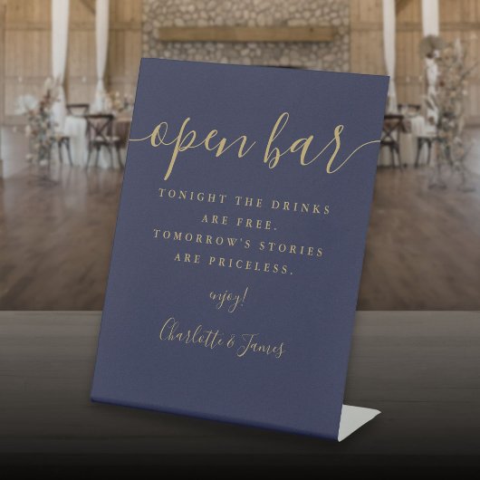 Blauer und goldener Signaturskript Offener Bar Sockelschild