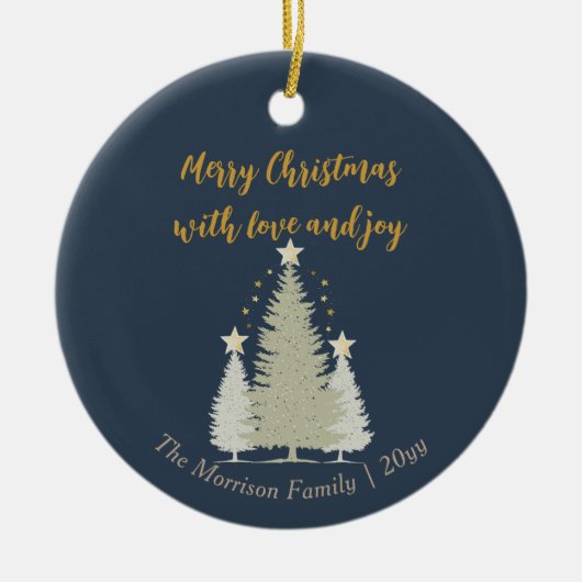 Blauer und goldener Weihnachtsbaum und Sterne Keramik Ornament (Vorne)