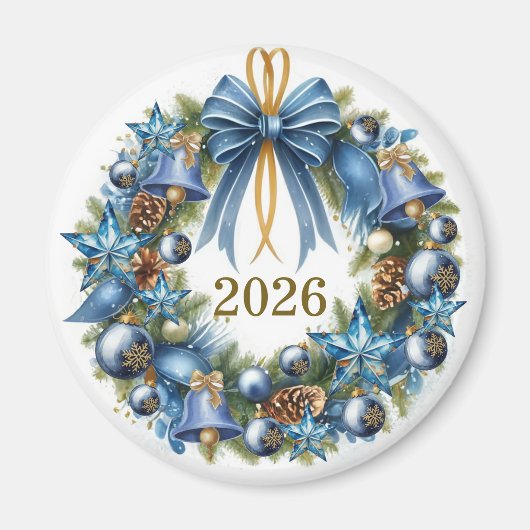Blauer und goldener Weihnachtskranz anpassbar Magnet (Vorne)