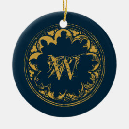 Blauer und goldfarbener, Vintag gestörter Monogram Keramik Ornament