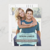 Blauer und grauer Banner Moderne Save the Date Pos Ankündigungspostkarte (Vorne/Hinten)