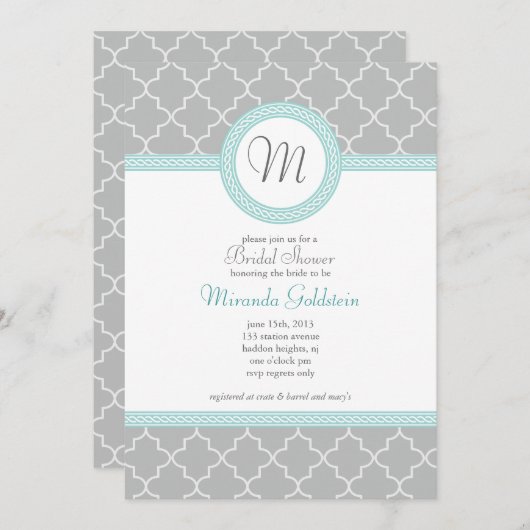 Blauer und grauer Monogramm-Duschkopf Einladung (Vorne/Hinten)