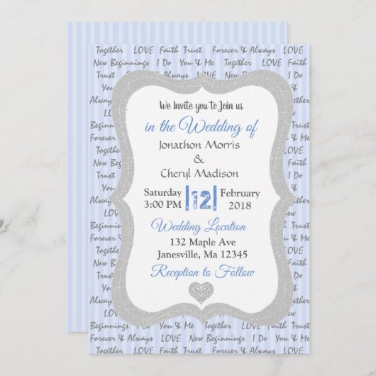 Blauer und grauer romantischer Text Hochzeitsempfa Einladung (Vorne/Hinten)