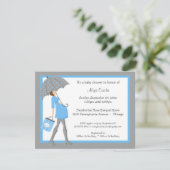 Blauer und grauer Shopper Kinderdusche Einladung (Stehend Vorderseite)