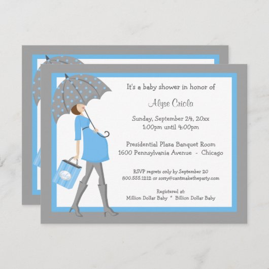 Blauer und grauer Shopper Kinderdusche Einladung (Vorne/Hinten)