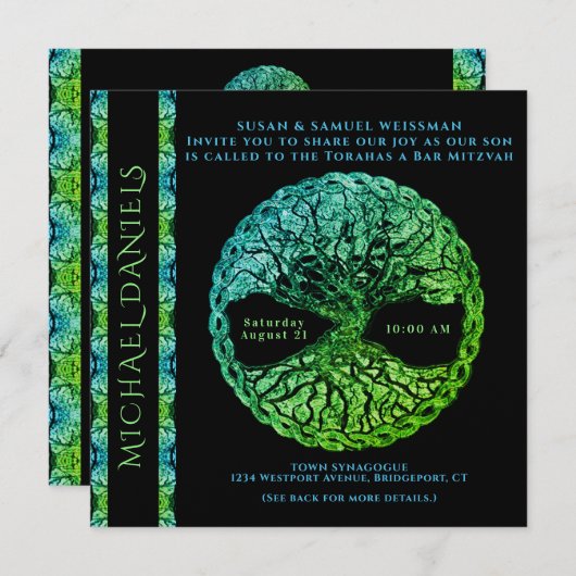 Blauer und grüner Bar Mitzvah Baum der Lebenseinla Einladung (Vorne/Hinten)