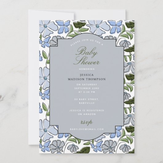 Blauer und grüner Blumenblock Print Boy Baby Dusch Einladung (Vorderseite)