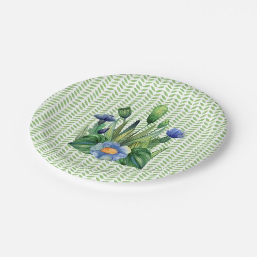 Blauer und grüner Blumengarten Pappteller (Schrägansicht)