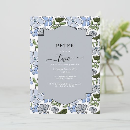 Blauer und grüner Blütenblock Print Boy Birthday Einladung (Stehend Vorderseite)